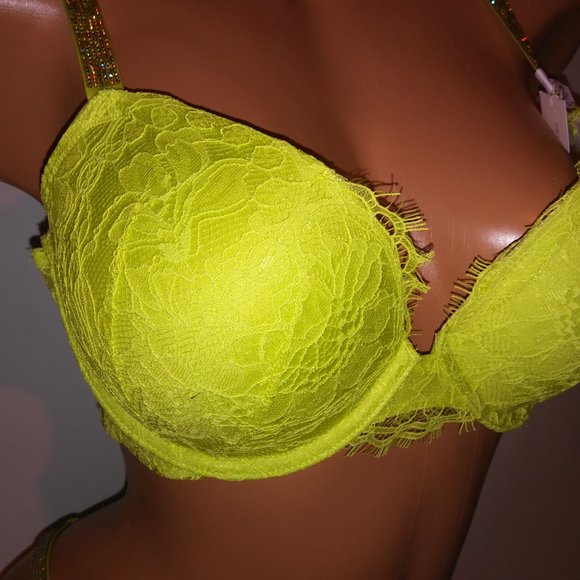 Victoria Secret Bra Set 36C Push Up Medium Thong Panty Yellow-Green Shine Strap - Picture 6 of 12